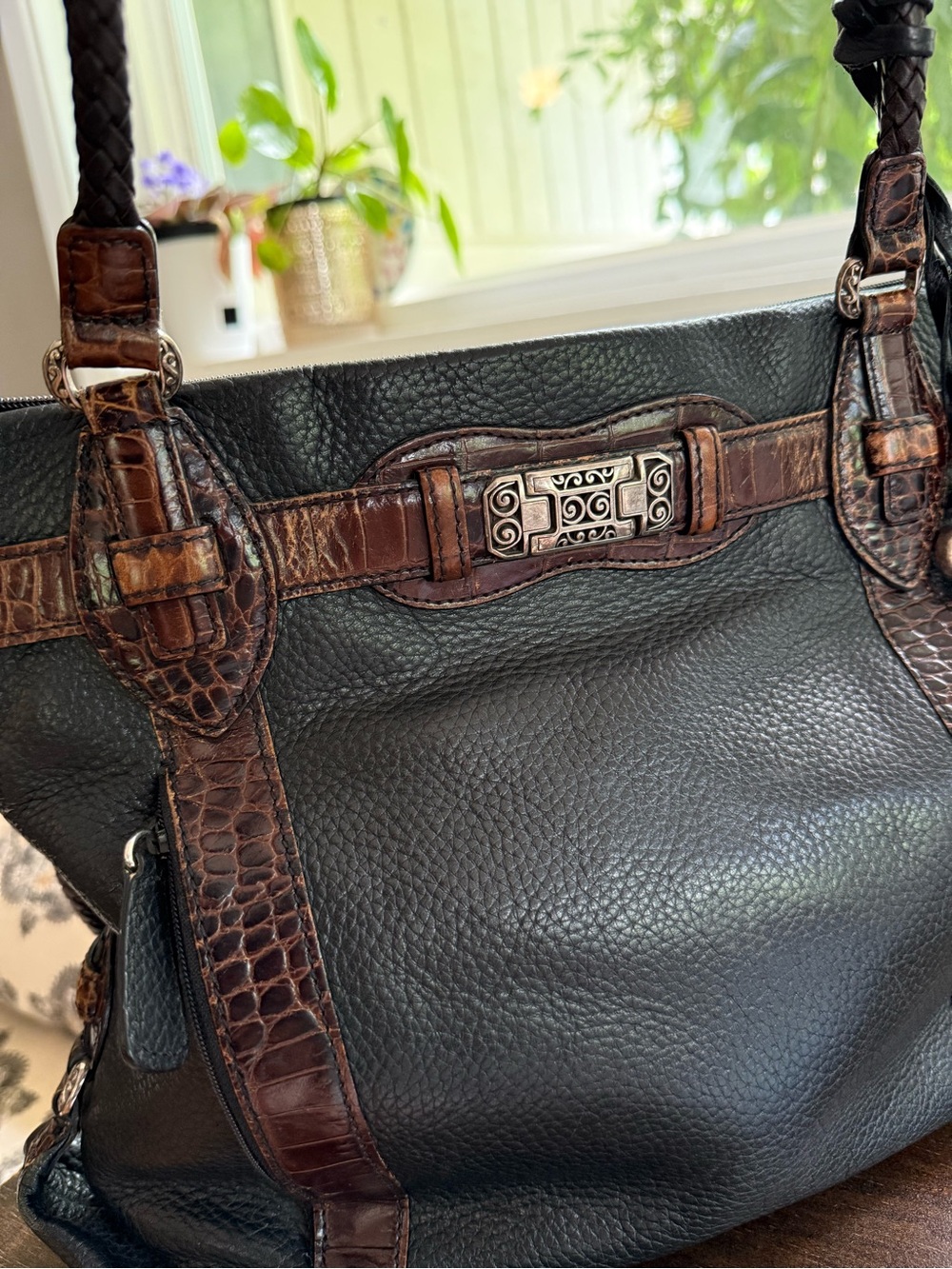 Vintage Brighton Black & Brown Pebble Leather Medium Shoulder Bag Tote Purse - Picture 3 of 12
